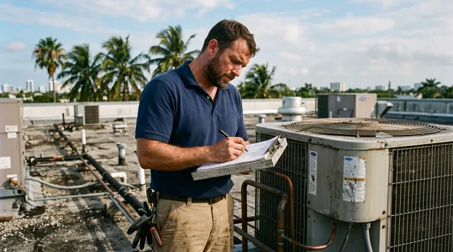 TampaCool technician inspecting a rooftop HVAC unit in Tampa